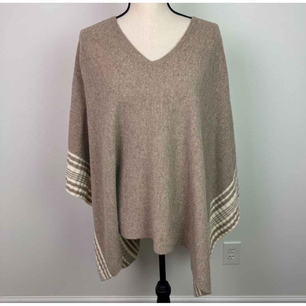 Splendid Women's Wool Cashmere Tan Cream V-Neck Poncho Shawl One Size